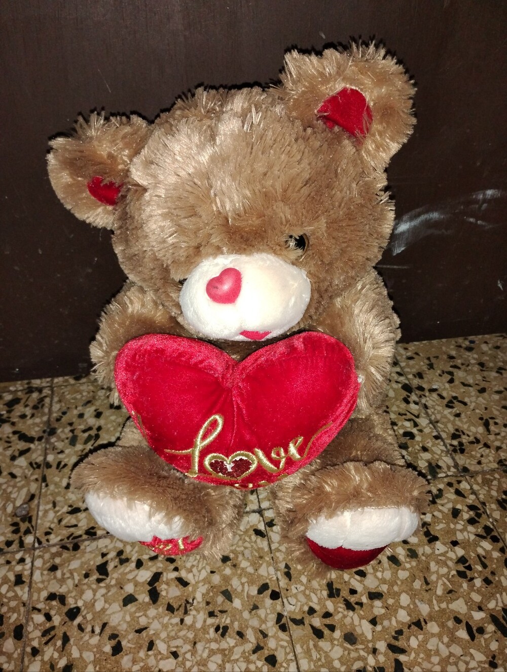 Plush Brown Teddy Bear Holding Red Heart - Love Accent